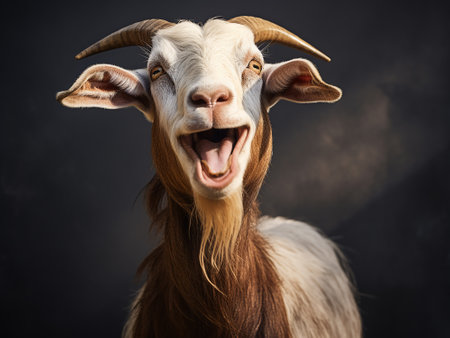 Portrait of funny goat with big horns on a dark background.の写真素材