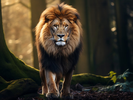 Big male lion in the forest. Wildlife scene from nature. Panthera leo.の写真素材