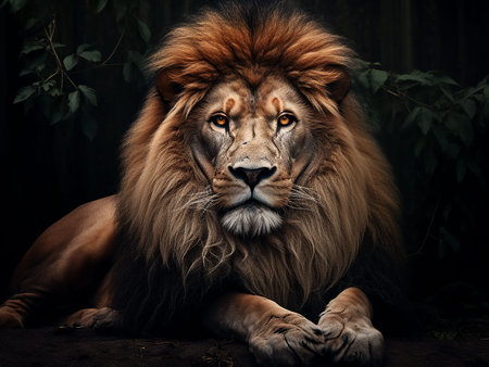 Portrait of a lion in a dark forest. Animal theme.