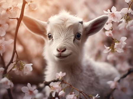 Cute baby goat in blooming cherry tree on spring day.