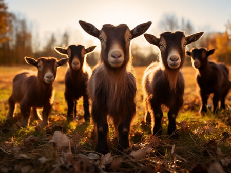 Goats in the meadow at sunset. Goat farm. Animal husbandry.の写真素材