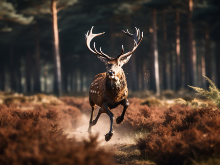 Fallow deer (Cervus elaphus) running in autumn forestの写真素材