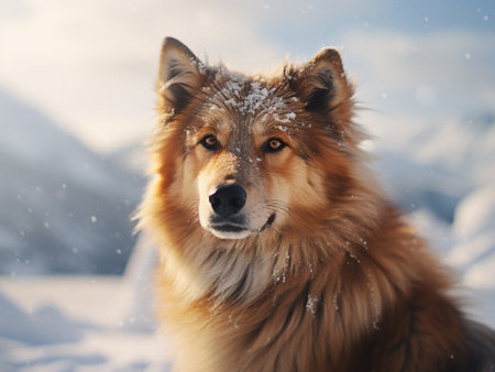 Winter portrait of a beautiful dog on a background of snowy mountains.の写真素材