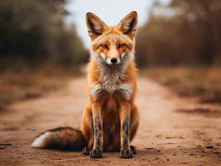 Red fox sitting on the dirt road in the autumn forest. Portrait of a wild animal.の写真素材
