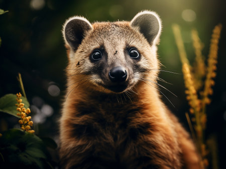Portrait of a cute raccoon on a background of nature.の写真素材