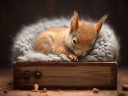 Cute little red squirrel in a box on a wooden background.の写真素材