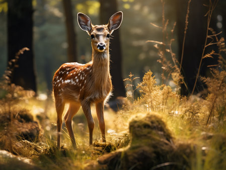 Fawn in the forest at sunset. Selective focus and shallow depth of field.の写真素材