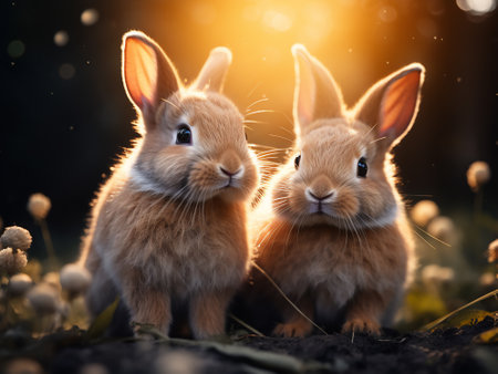 Two cute little rabbits in the garden at sunset. Easter background.の写真素材
