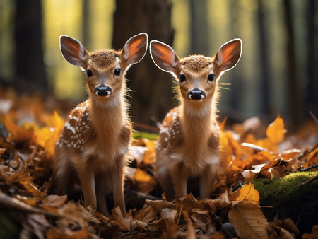 Two fawns in the autumn forest. Selective focus.