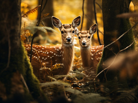 Fawns in the autumn forest. Beautiful fawns.