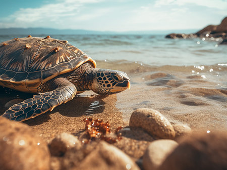 Sea turtle on the seashore at sunset. Sea turtle on the beach.