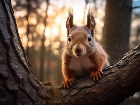 Squirrel sits on a tree branch in the forest and looks at the cameraの写真素材