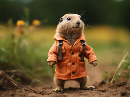 Cute little prairie dog in orange jacket standing in the field