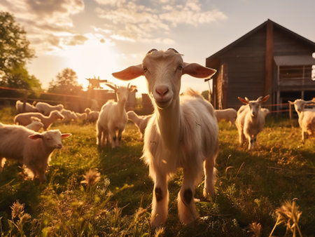 Herd of goats on the meadow at sunset in summer.の写真素材