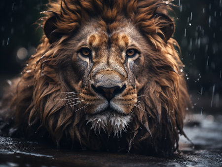 Portrait of a big male lion in the rain. Animal portrait.の写真素材
