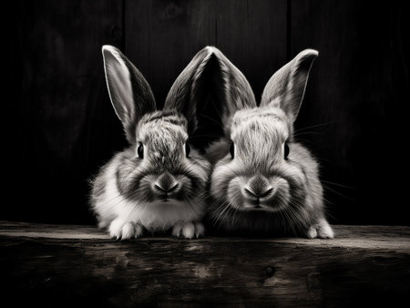Two rabbits on a wooden background. Black and white image. Toned.の写真素材