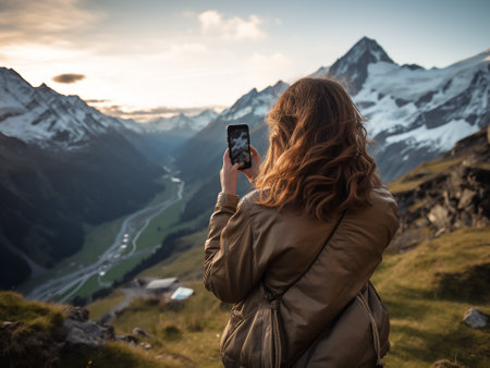 Young woman taking a photo of the Swiss Alps with her smartphone.の素材