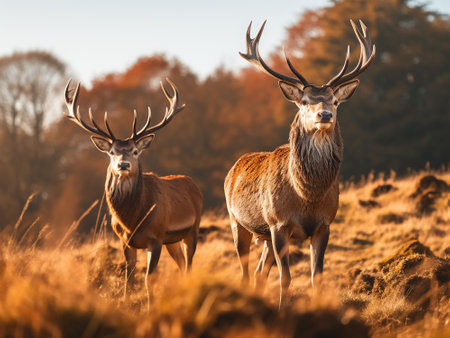 Red deer stag during rutting season in autumn, UK.の写真素材