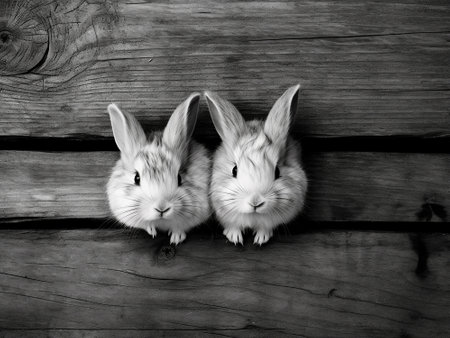 Two cute rabbits on old wooden background. Black and white photo.の写真素材