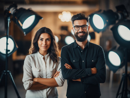 Attractive young man and woman standing in photo studio with crossed armsの素材