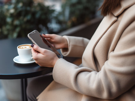 cropped shot of businesswoman using smartphone and holding cup of coffee in cafeの素材