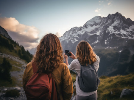 Two young women with backpacks taking pictures of the mountains at sunsetの素材
