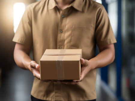 delivery man holding parcel box in warehouse, shipping and distribution conceptの素材