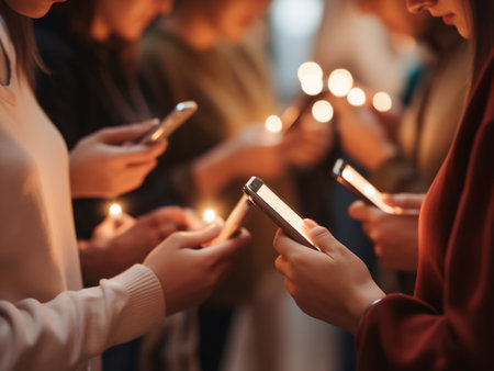 Group of young people with smartphones in hands. Close-up.の素材