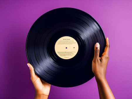 Woman hands holding a vinyl record on purple background. Music concept.