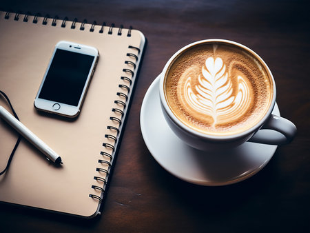 cup of coffee latte art on wooden table with notebook and penの写真素材