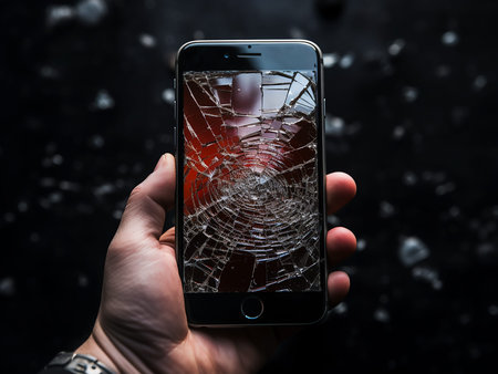 Smartphone with a broken screen in hand on a dark background.