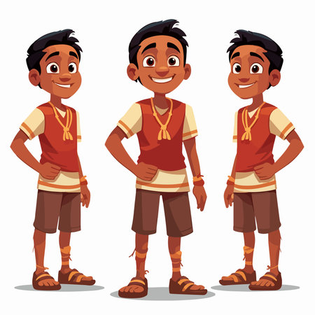 Cute Indian boy cartoon character with different facial expressions. Vector illustrationのイラスト素材