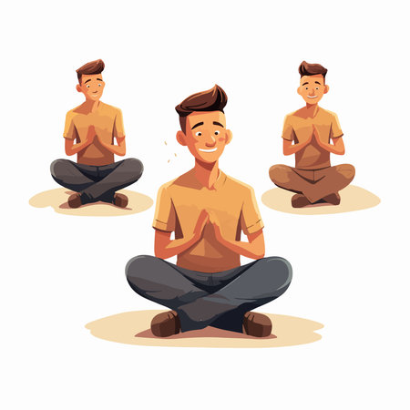 Young men meditating in lotus position, cartoon vector illustration isolated on white background.のイラスト素材