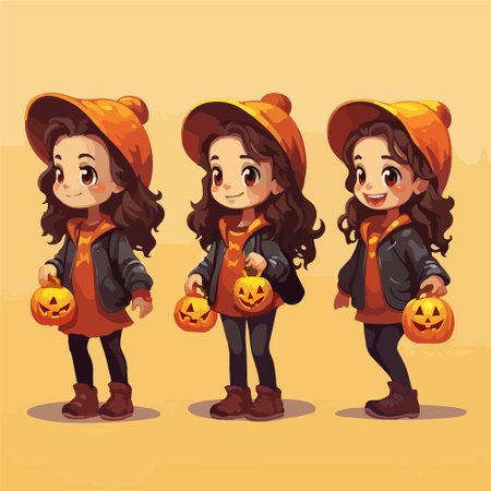 Cute little girl in Halloween costume holding pumpkins. Vector illustrationのイラスト素材