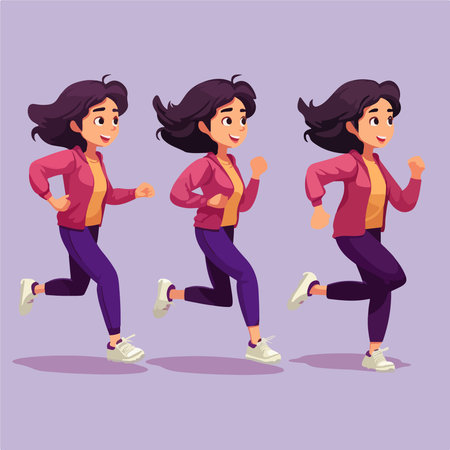 Woman running in different poses. Cartoon vector illustration. Isolated on white background.のイラスト素材