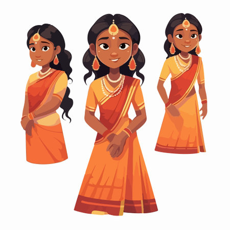 Indian women in traditional clothes, national costume. Vector illustration in cartoon styleのイラスト素材