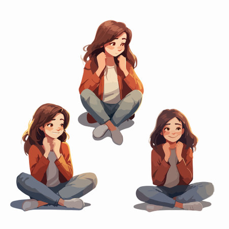 Vector illustration of a girl with long hair in a brown jacket sitting on the floor.のイラスト素材