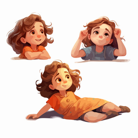 Set of cute little girl with curly hair. Vector illustration isolated on white background.のイラスト素材