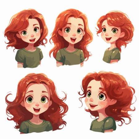 Set of cute red-haired girl with different hairstyles. Vector illustrationのイラスト素材
