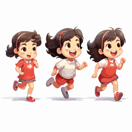Illustration of a group of little girls running on a white backgroundのイラスト素材