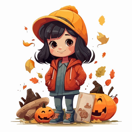 Cute little girl in autumn clothes and hat holding pumpkin. Vector illustration.のイラスト素材