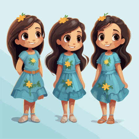 Vector illustration of Cute little girls in summer dress with flowers.のイラスト素材