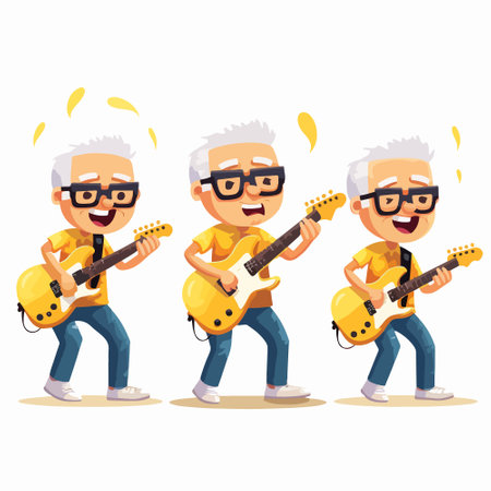 Elderly man playing electric guitar. Vector cartoon character illustration.のイラスト素材