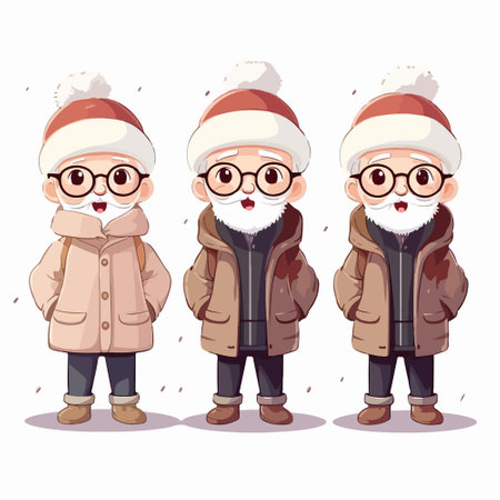 Vector illustration of Santa Claus and three children in winter clothes. Cartoon style.のイラスト素材