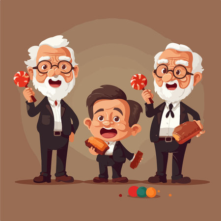 Grandfather and Grandson playing with candies. Vector cartoon illustration