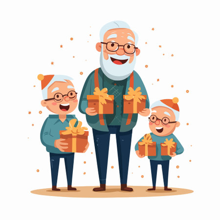 Grandfather and grandfather giving presents. Vector illustration in cartoon style.のイラスト素材