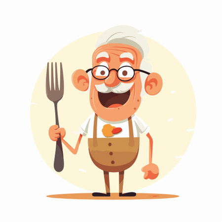 Cartoon old man with a knife and fork. Vector illustration.のイラスト素材