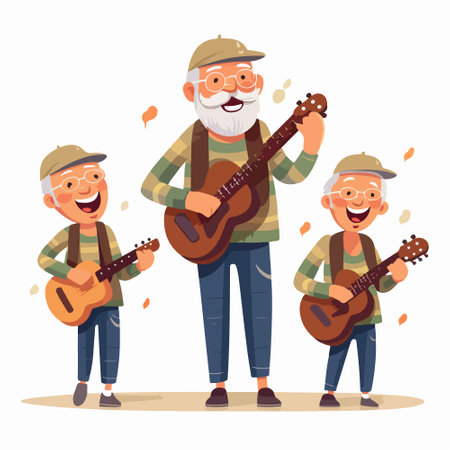 Grandfather, grandfather and grandson playing guitar together. Vector illustration in cartoon styleのイラスト素材