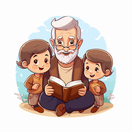 Grandfather reading a book with his grandchildren. Cartoon vector illustration.のイラスト素材