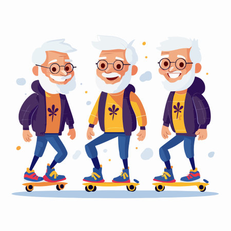 Elderly people on roller skates. Grandfather, grandfather and grandmother. Vector illustration in cartoon styleのイラスト素材